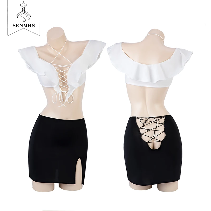 

SENMHS Sexy OL Female Secretary Costume Cosplay Deep V Neck Shorts Mini Skirt Lingerie Set Office Ladies Dresses Role Play Outf