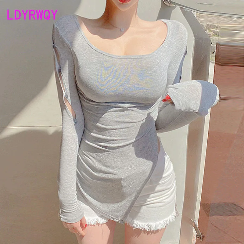 

Новая приталенная Универсальная футболка с длинным рукавом и разрезом сбоку, Южная Корея, осень/зима 2023