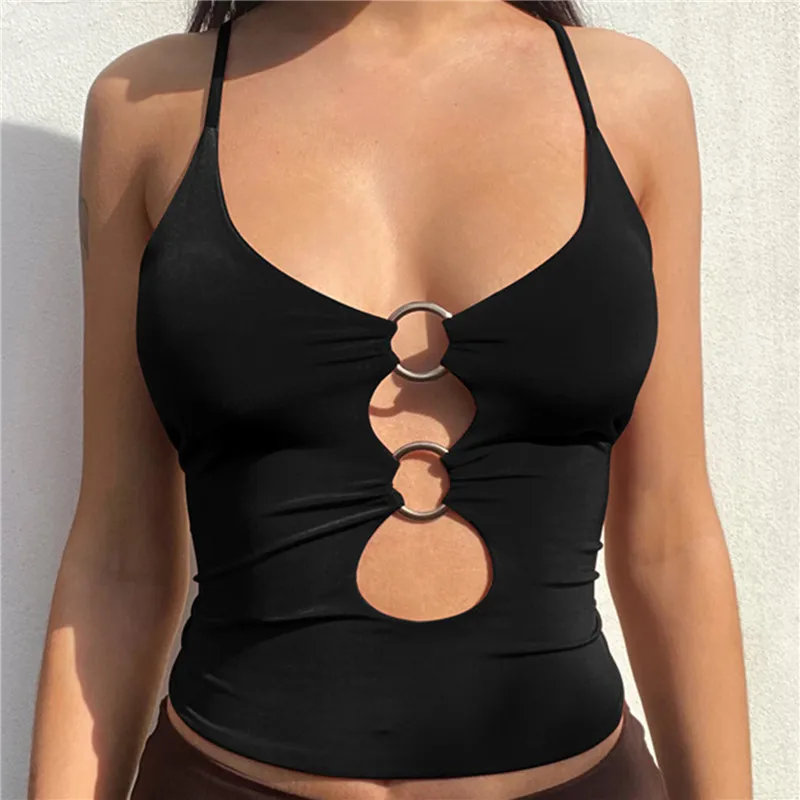 

2022 Straps Solid Crop Top Tshirt Summer Sexy Hollow Out Vest Women Streetwear Y2K Party Club Camis Female