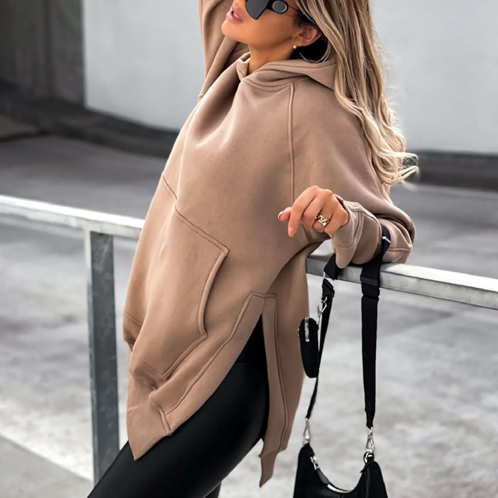 

Solid Color Long Loose-fit Hooded Sweatshirt With Slit Hem Women Casual Fashion Hoodies Long Sleeve Short Loose Pullover