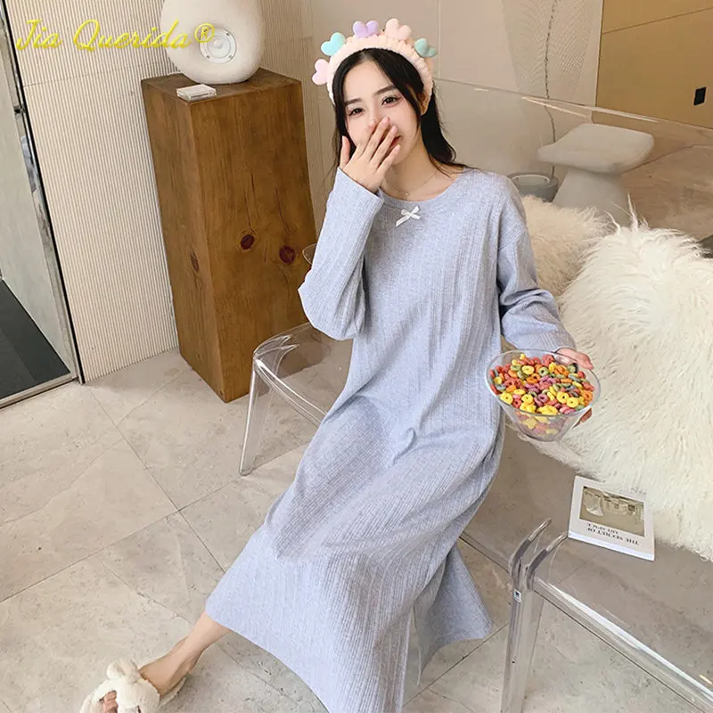 

Korean Nightgown Kawaii Homewear Modal Pajamas Long Sleeve Spring Autumn Nightgown Sleepwear Solid Green Home Clothes for Girls