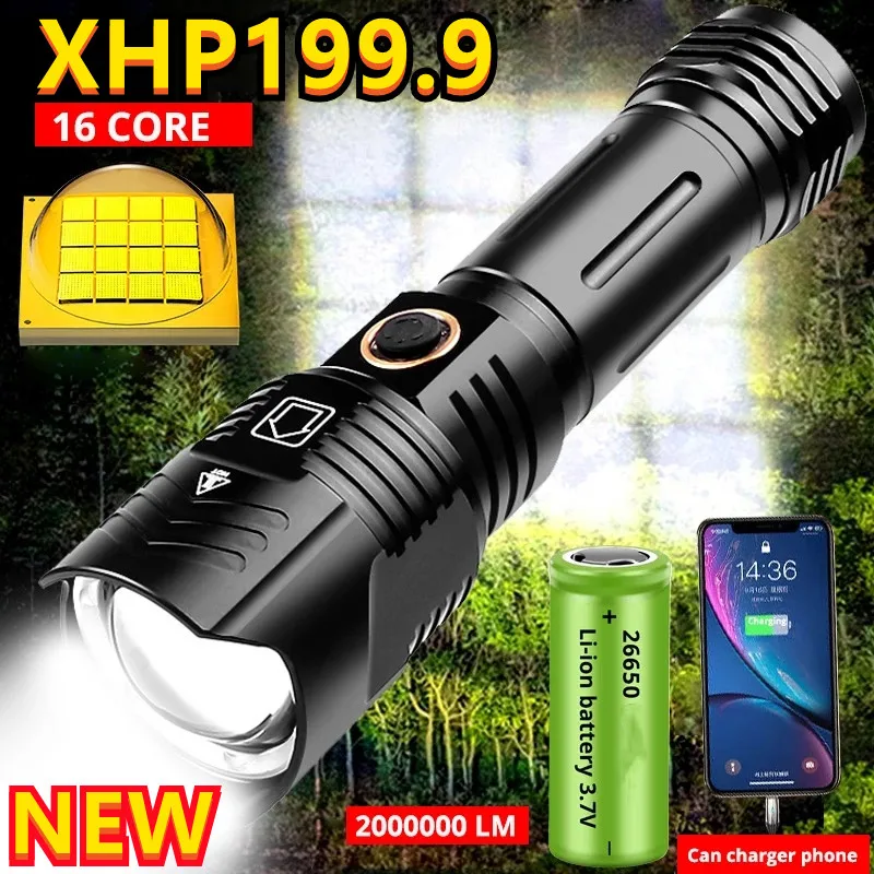 

Super XHP199 Most Powerful LED Flashlight Zoom USB Rechargeable XHP99 XHP50 Torch light Tactical Camp flashLight 266650 battery