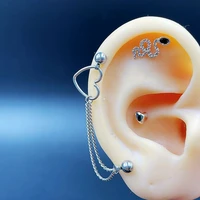 2pc stainless steel pierc earrings with chain on ears conch tragus cartilage dangle helix piercing lobe ear stud earrings heart