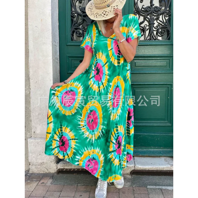 

Hot selling summer women's dress BOHO style loose fitting casual tie dyed short sleeved large swing long skirt