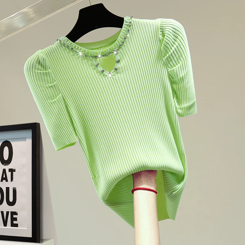 

2022 Summer New Beads Rhinestones T-Shirt for Women Short Puff Sleeve Ice Silk Stretch Knitted Tee Korean Style Slimming Top