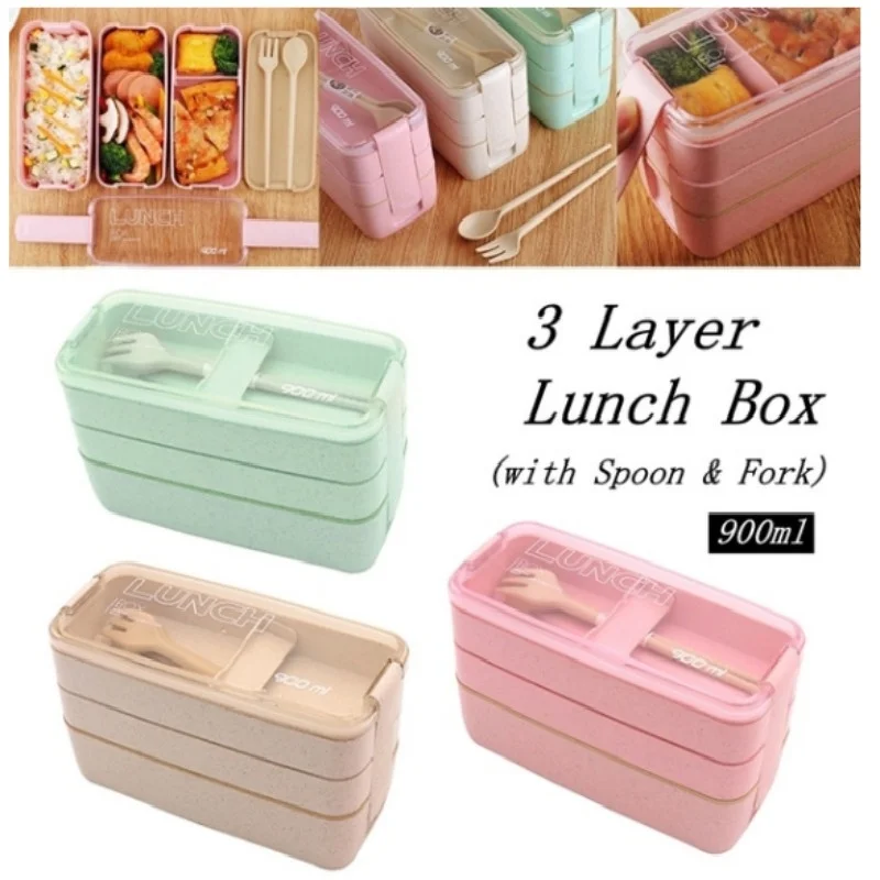 

Friendly Lunch Box 3 Layer Wheat Straw Bento Box Microwave Dinnerware Food Storage Container Bento Lunch Box 900ml Meal Prep