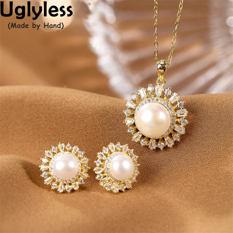 

Uglyless Sparkly Zircons Crystals Sun Flowers Jewelry Sets for Women Pearls Elegant Studs Earrings Necklaces no Chain 925 Silver