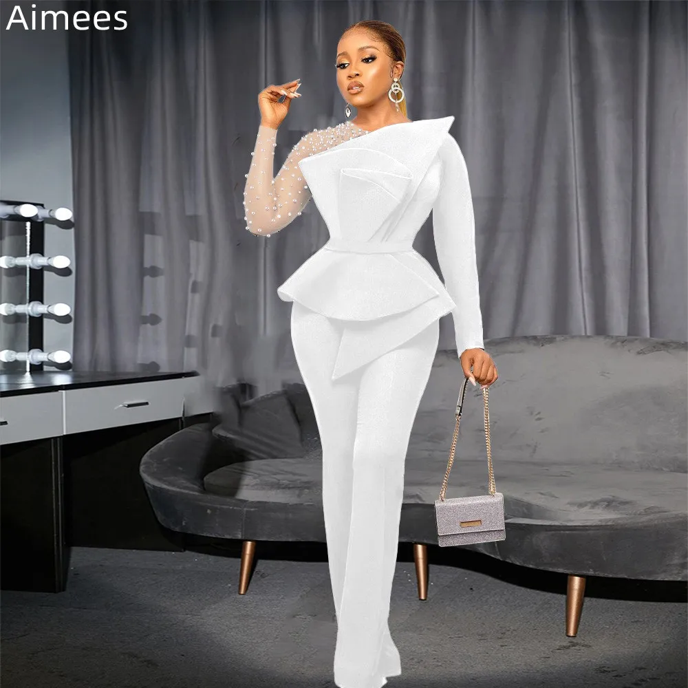 

Элегантный вечерний комбинезон, наряды для женщин, сетчатые комбинезоны с длинными рукавами с баской и оборками, блестящие прямые брюки, Осень-зима