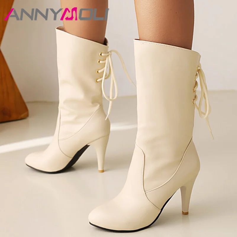 

ANNYMOLI Women Wstern Boots Mid Calf Boots Thin High Heel Pointed Toe Booties Lace Up Sexy Winter Autumn Shoes Black White33-43
