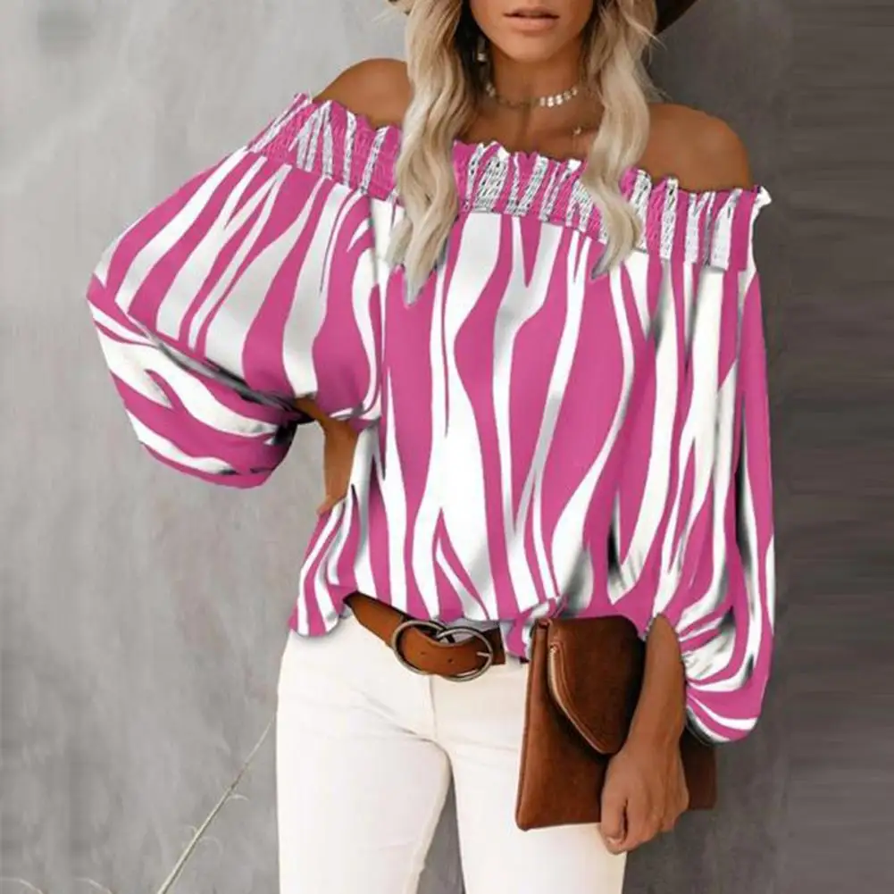 

2021 Vrouwen Mode Gestreepte Print Shirt Lady Lange Mouwen Blouse Tops Off Shoulder Shrring Bladerdeeg Mouw Casual Shirts