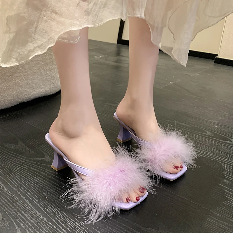 

2022 Women High Heels Fur Slippers Summer Sandals New Brand Women Shoes Party Pumps Sexy Stilettos Ladies Slingback Dress Slides