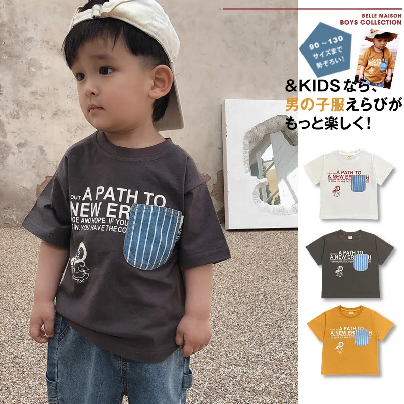 

Kids Clothes Boys 2023 Summer Contrast Denim Pocket Short Sleeve T-shirt Japanese Trendy Brand Little Penguin Crewneck Top