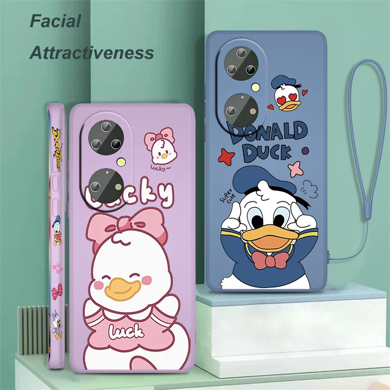 

Donald Duck Cartoon Disney Case Liquid Left Rope Phone For Huawei P50 P40 P30 P20 Pro Lite E Y9S Y9A Y9 Y6 Y70 Nova 5T Cover
