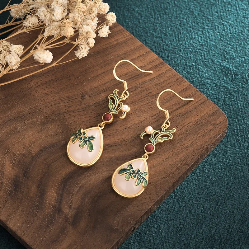 

Chinoiserie Style Elegant Copper Gilded Ornaments National Scenery Thai Blue Earrings Vintage Palace Style Synthetic Jade