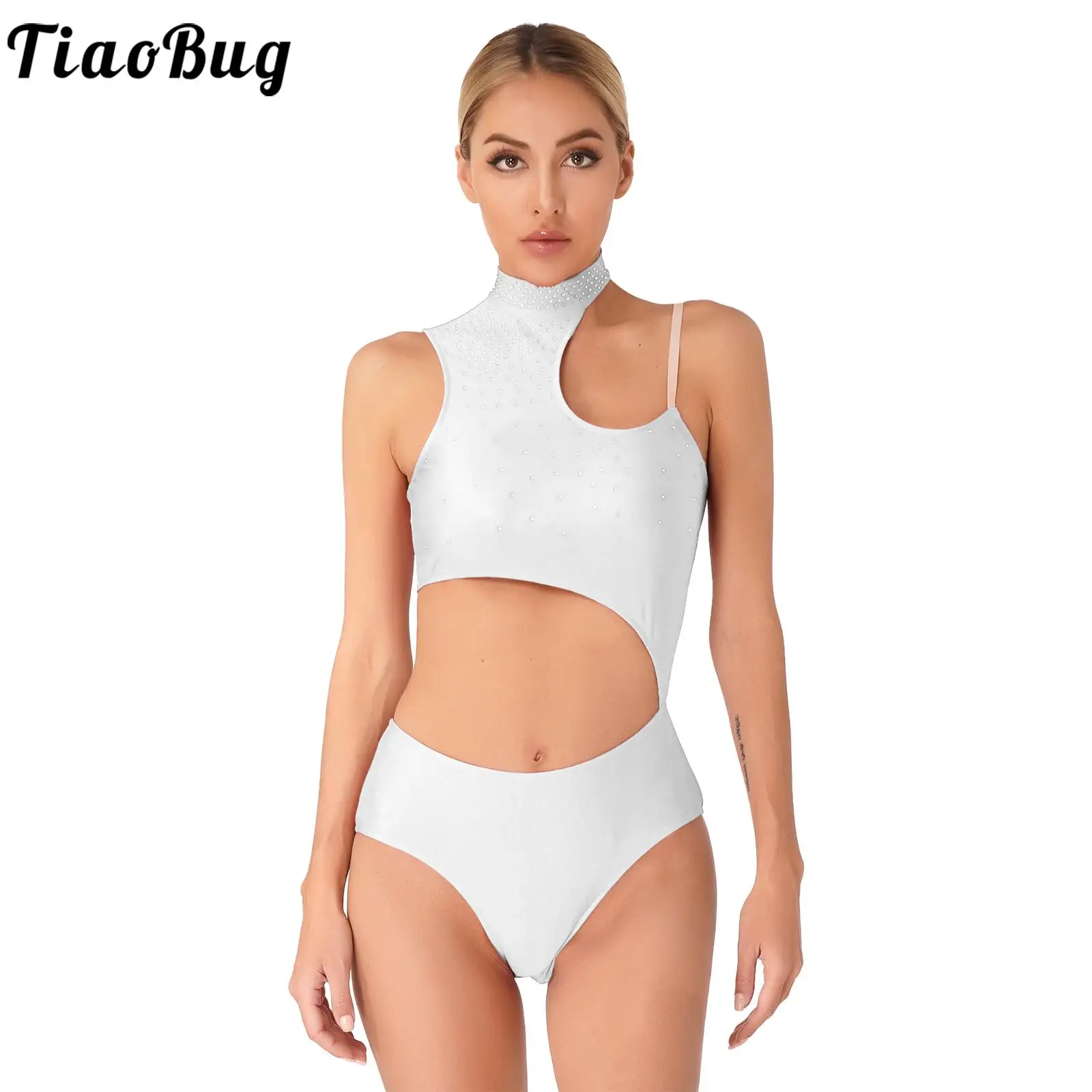 

Womens Rhinestone Cutout Dance Leotard Asymmetrical Mock Neck Sleeveless Bodysuit for Gymnastics Acrobatics Figure Skating