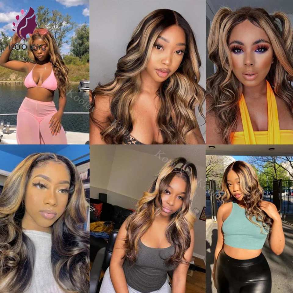 Honey Blonde Brown Highligh 5x5 Silk Top Human Hair Wig Brazilian Body Wave Ombre 13x4 Lace Front HD Transparent Wigs