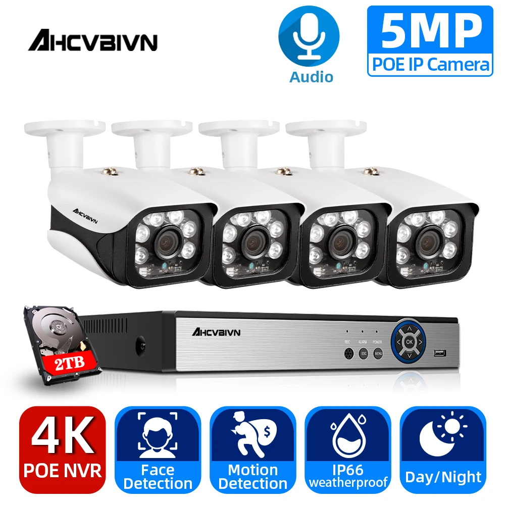 

5MP камера видеонаблюдения системы безопасности 4K 4CH POE NVR с 5.0MP IP набор камер наблюдения водонепроницаемая IP66 система видеонаблюдения XMEye P2P