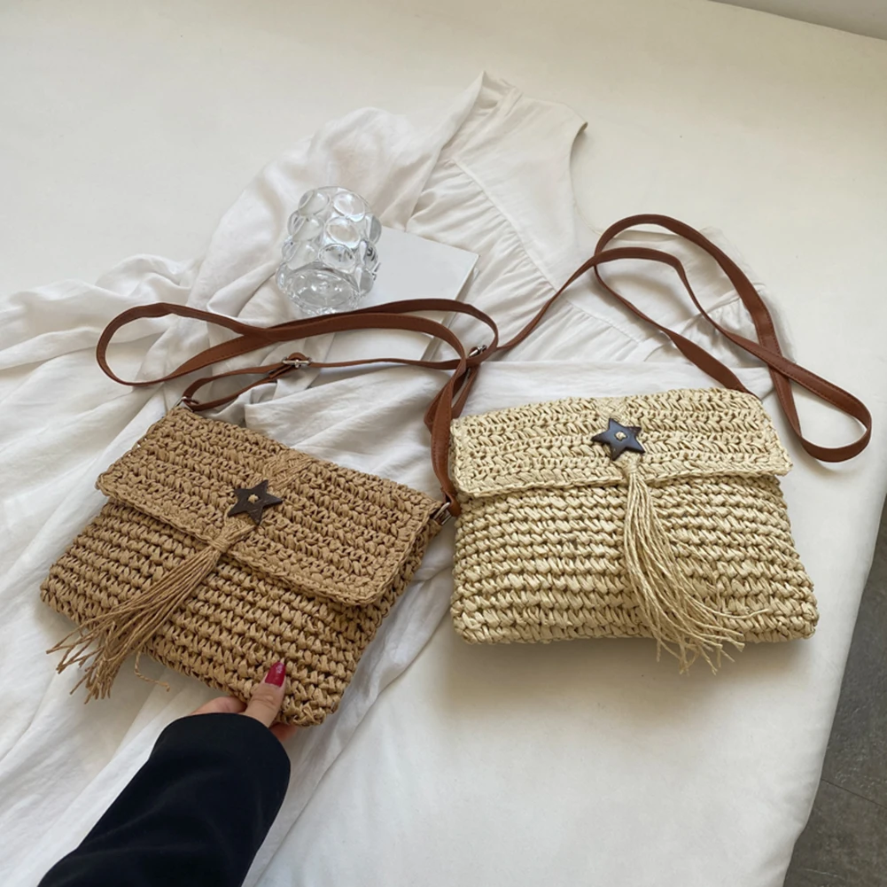 

Соломенные сумки на плечо, кожаные летние пляжные сумки для отпуска с пряжкой Love, портативные сумки для женщин, сумка для хранения ручной ра...