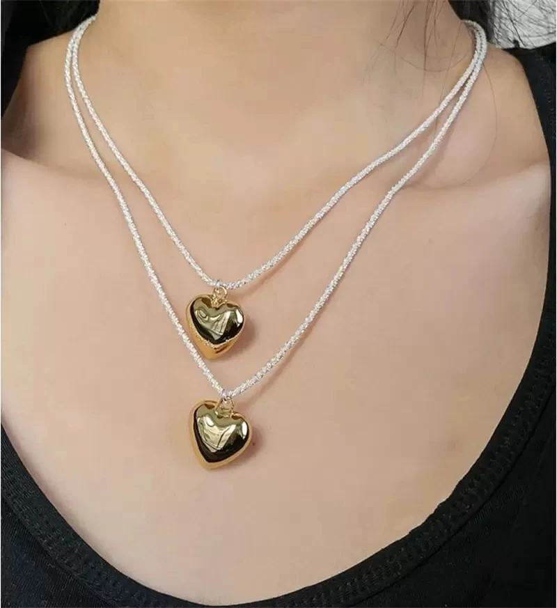 

Sparkling Light Luxury Niche Silver Tone Necklace Love Pendant Stacked Design Temperament Fashion All-Match Clavicle Chain