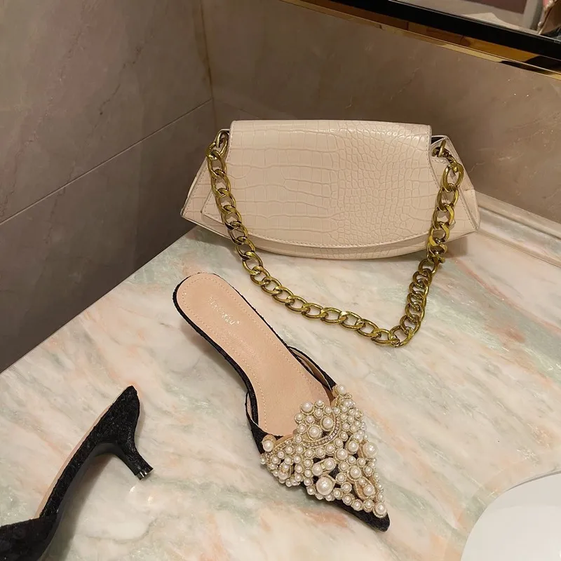 New Spring and Autumn Slippers Fashion Sexy Women's Shoes Elegant Beaded Crystal Patchwork Stiletto Party Wedding Women's Shoes