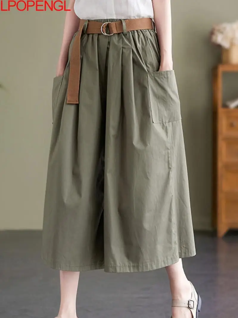 

Cotton Women's Elastic Waist Loose All-match Korean 2022 New Wide-leg Pants Summer Solid Color Female Casual Calf-length Pants