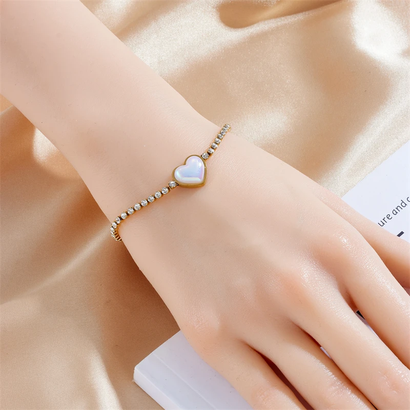 Женский браслет с цирконом MEYRROYU из нержавеющей стали 316L разноцветным сердцем 2024