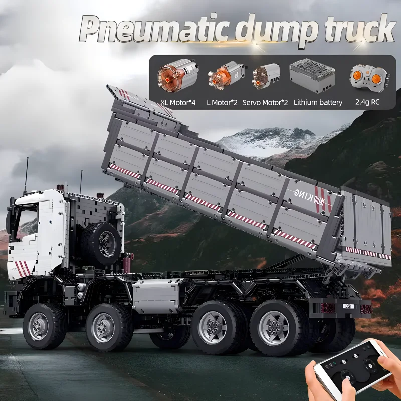 Пневматический самосвал MOULD KING 19013 с приложением и дистанционным управлением