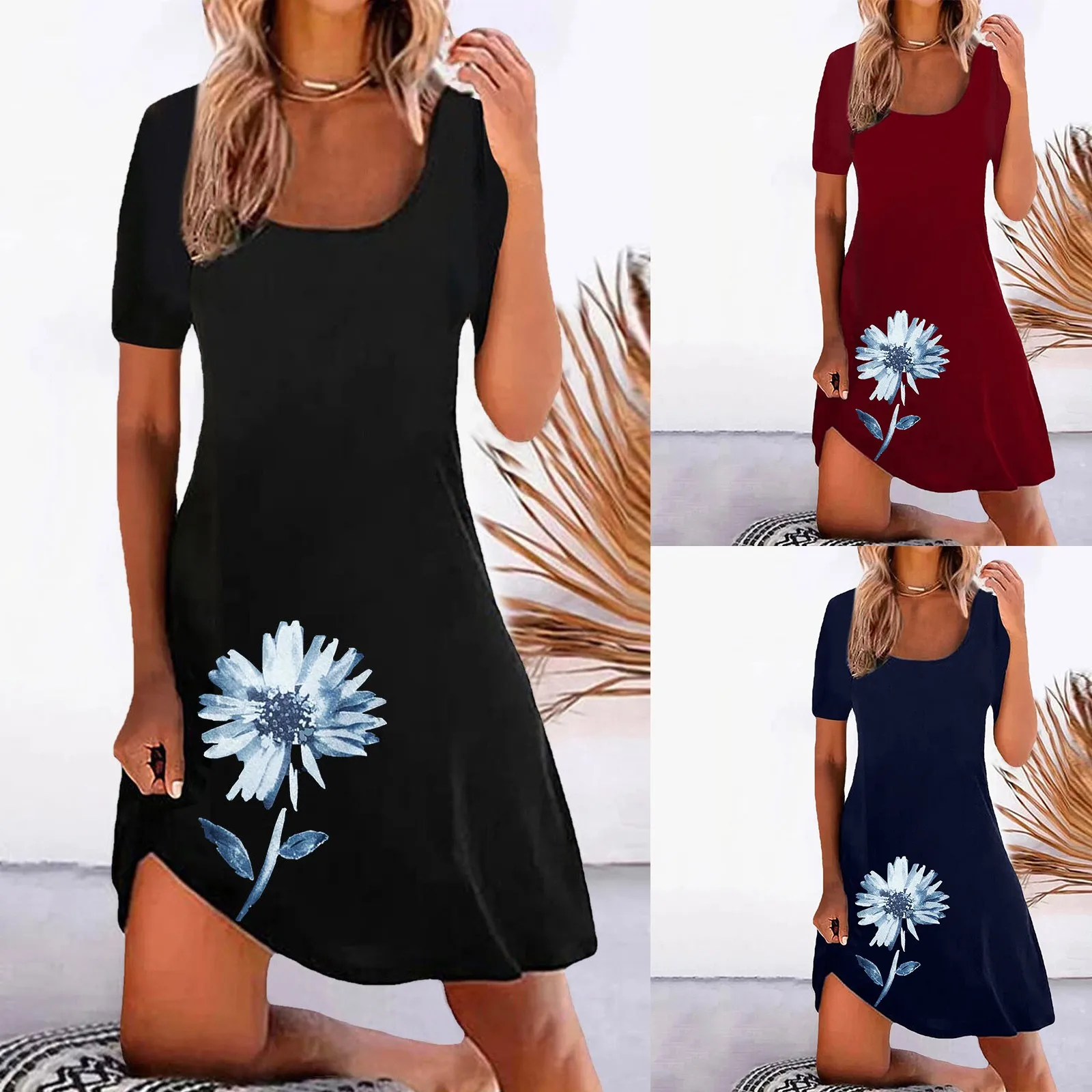 

Женское летнее платье с коротким рукавом, круглым вырезом и цветочным принтом