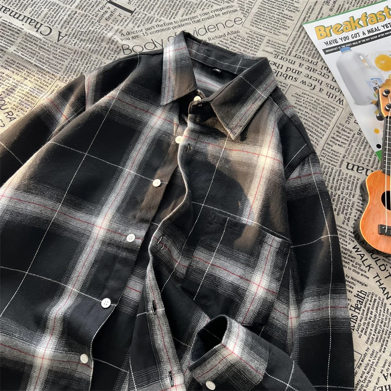 

Новинка, рубашка hybskr в клетку в полоску с длинным рукавом, Мужская Осенняя тонкая однобортная блузка большого размера, уличная одежда в стиле Харадзюку, мужская рубашка
