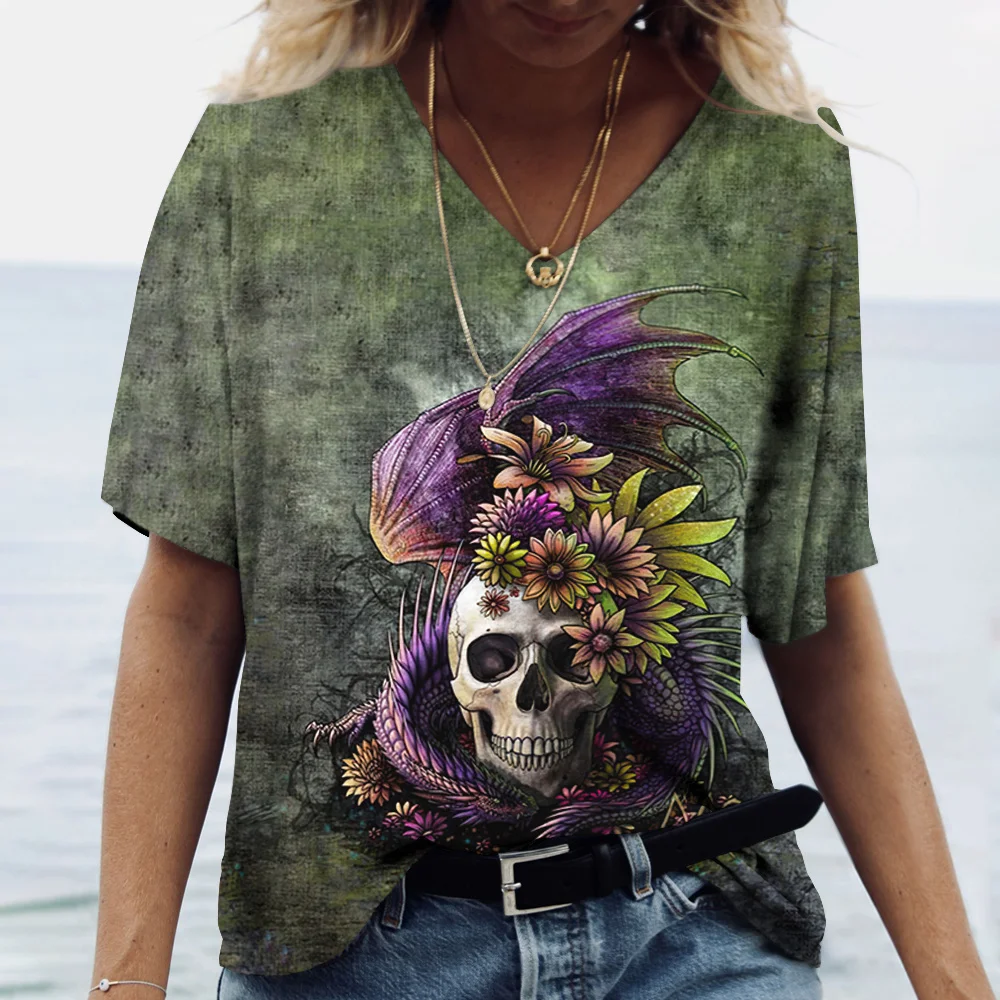 

3D Skull Print Women's Summer 2022 New V-neck Top Short Sleeve T-shirt Casual Funny Horror Harajuku Versatile Y2K Clothing S-5XL