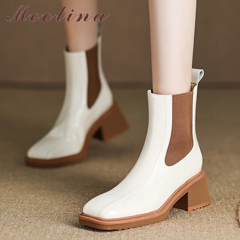 

Женские ботильоны челси Meotina, полусапожки из натуральной кожи на толстом высоком каблуке, с квадратным носком, бежевые, Осень-зима