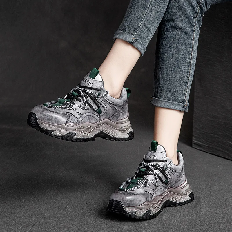 

Leather Sneakers Women Shoes Casual Wedge Heels For Women Clunky Dad Shoes Gray Genuine Leather Women Lazy Shoes Handmade2022