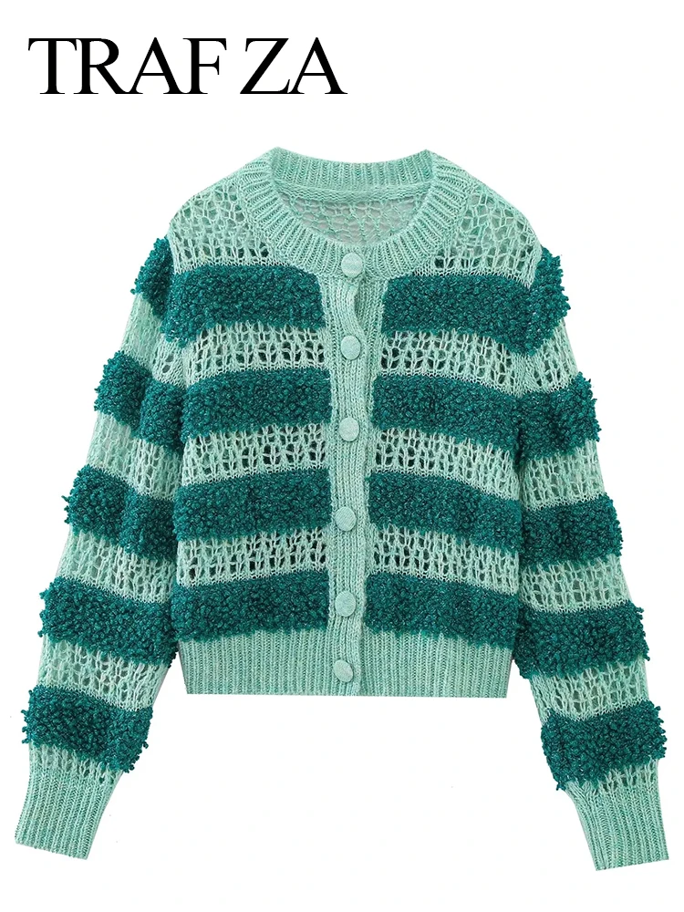 

TRAFZA Women's Fashion Green Striped Knit Cardigan Sweater Long Sleeve Vintage O Neck Cropped Kinttwear Female Chic Tops