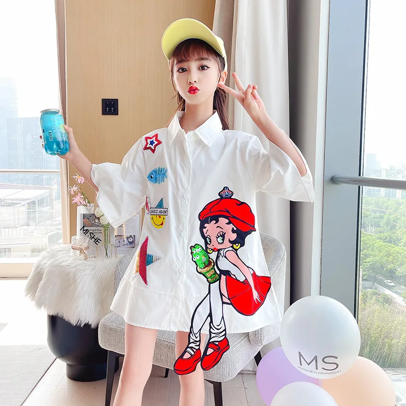 

Anime Girl Image Print Tops T-shirts Korean Summer Sweet Fashion T Shirts Preppy Couple Clothes O-neck Blouse Children Clothing