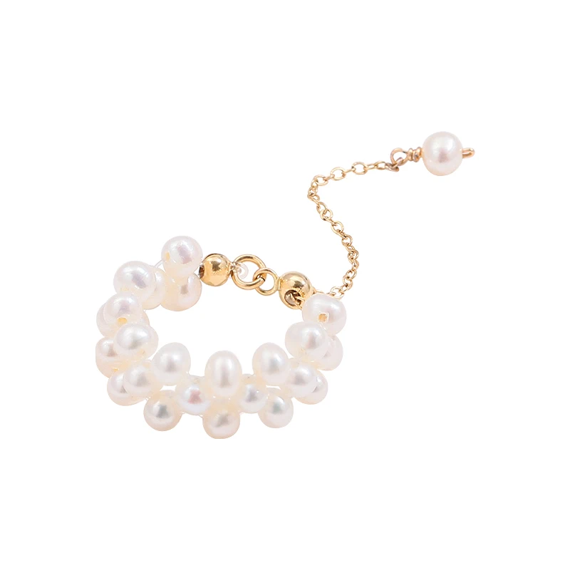 

Natural freshwater small pearl ring, female hand woven, adjustable opening, 14K Gold coated index finger ring