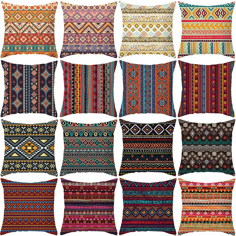 

New Bohemian Color Geometric Pattern Peach Skin Plush Pillow Case National Style Retro Pillow Case Cushion