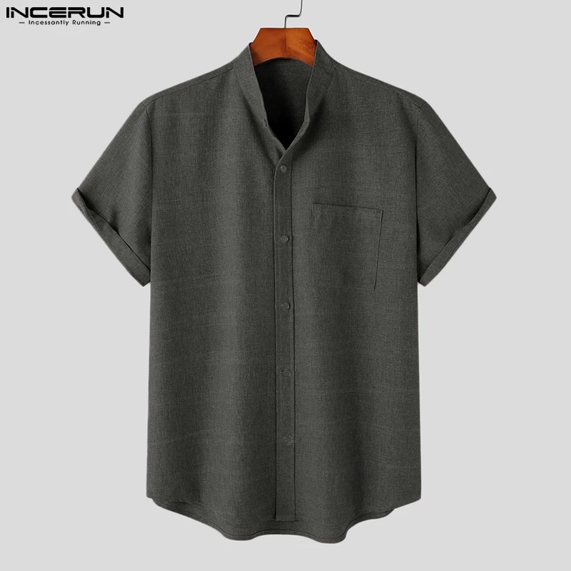 

Casual Simple Style Tops INCERUN New Men Retro Standing Collar Two-color Short-sleeved Shirts Stylish Male Hot Sale Blouse S-5XL