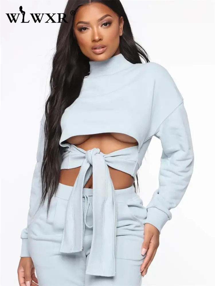 

WLWXR осенний повседневный черный комплект из двух предметов Женская одежда с круглым вырезом с длинным рукавом бандажный укороченный топ мешковатые брюки женские комплекты