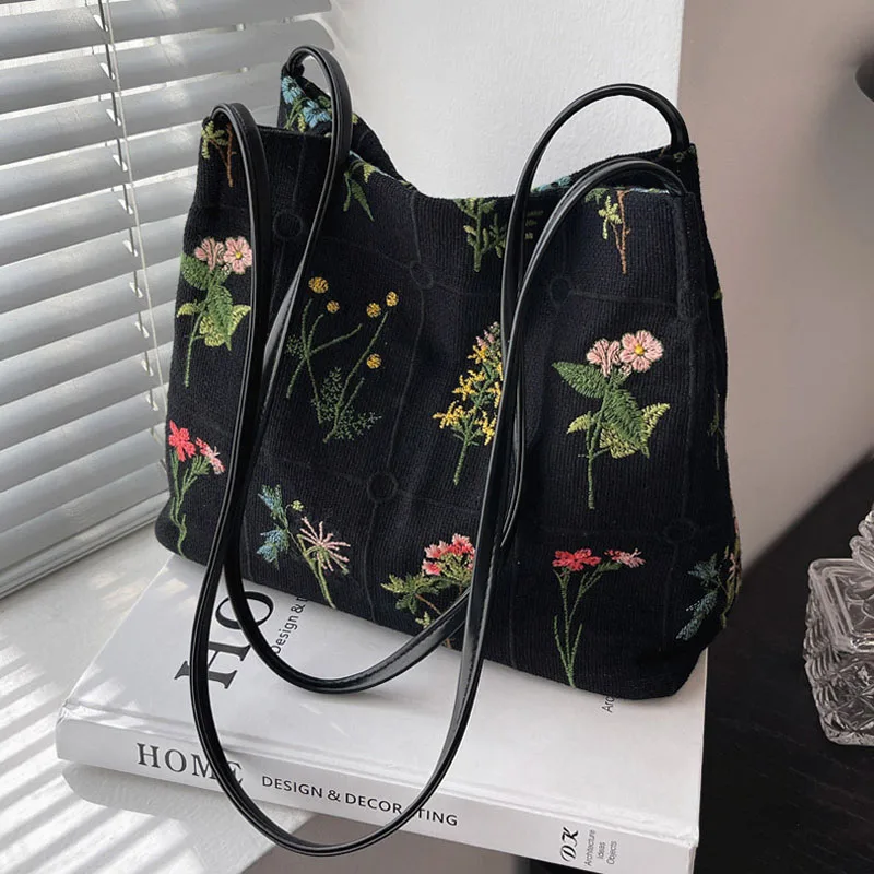 

2023 Vintage Flowering Pattern Shoulder Bag Female Cotton Linen Cloth Tote Bags Fashionable Women Handbag