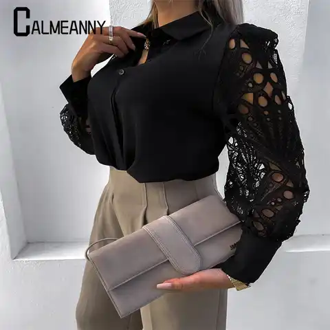 Summer Autumn Tops Blouses Solid Color Elegant Vintage Shirts Blouse Women Lace HollowOut Long Sleeve Lapel V Neck Shirts Ladies