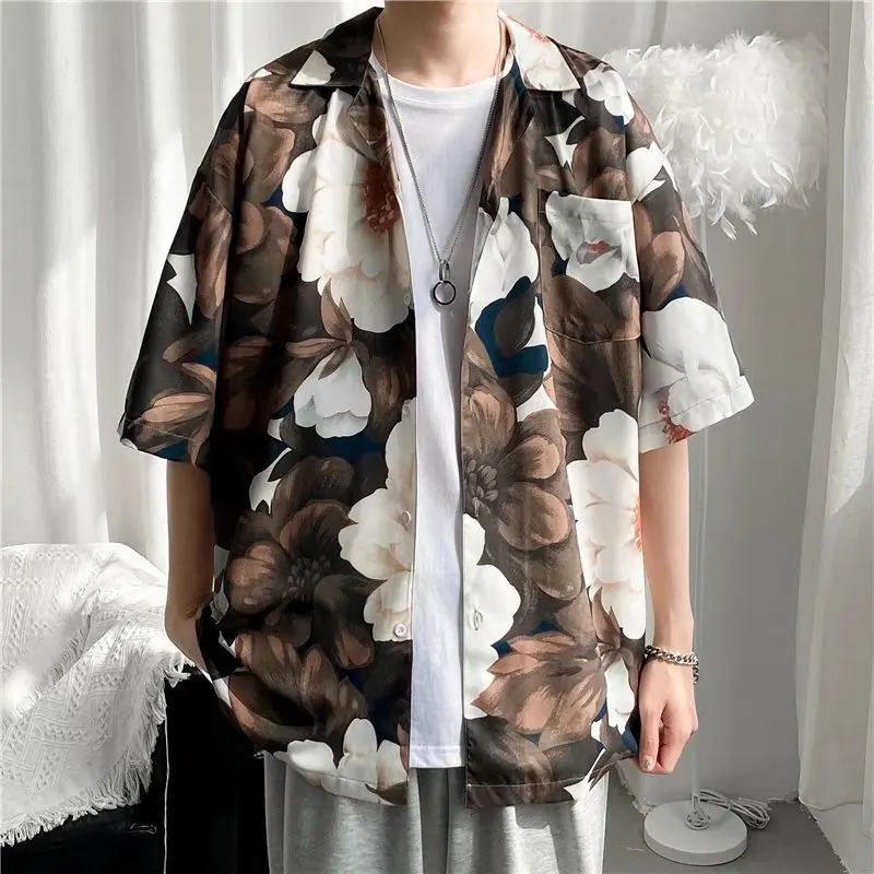 

Vintage Oil Painting Printing Short-sleeved Shirt Men's 2022 New Trendy Turn-down Collar Loose Casual Flower Shirts ZCSMLL