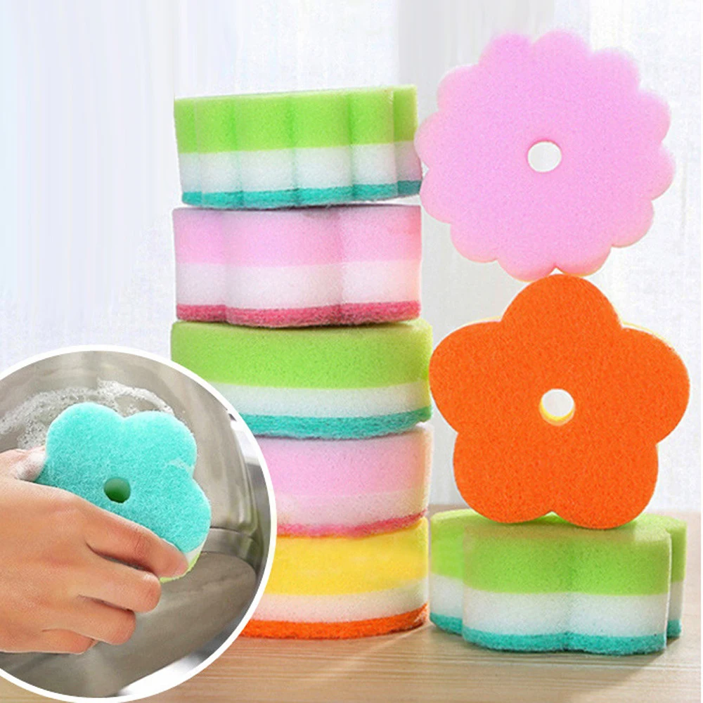 

Practical Sponges Scouring Pads Flower Shape Sponge Brush Tableware Glass Random Color Wash Dishes Kitchen Brush Cleaning Tool