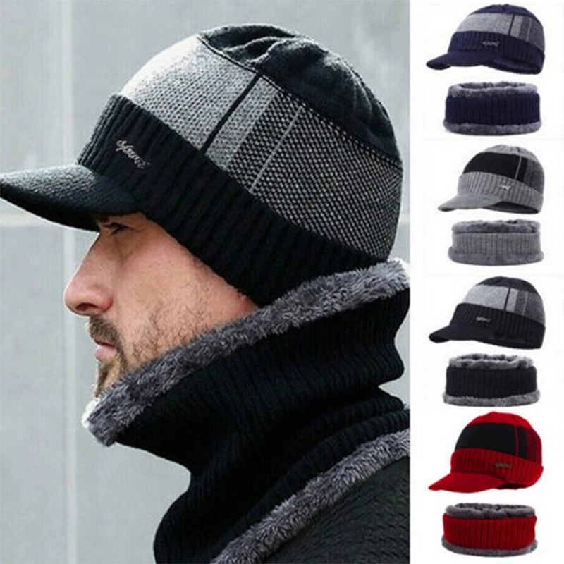 

New Fashion Men's Winter Warm Cashmere Hat And Scarf Combination 2 Pcs Warm Windproof Knitting Cap with Scarf Kit One Size