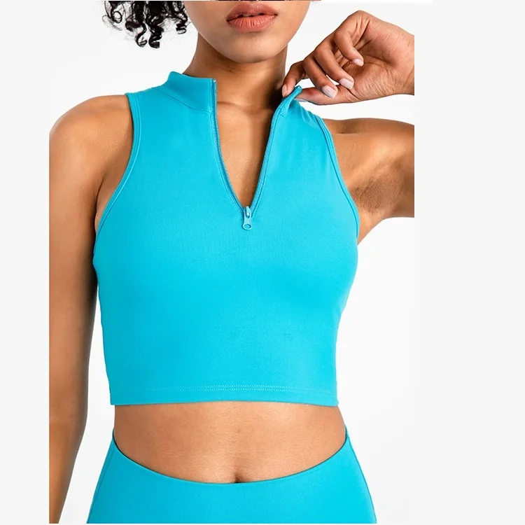 Solid Color Zip Top Women Fitness Bra Gym Tank Top Yoga Vest Athletic Brassiere Sports Chest Pad Comprehensive Training Jogging