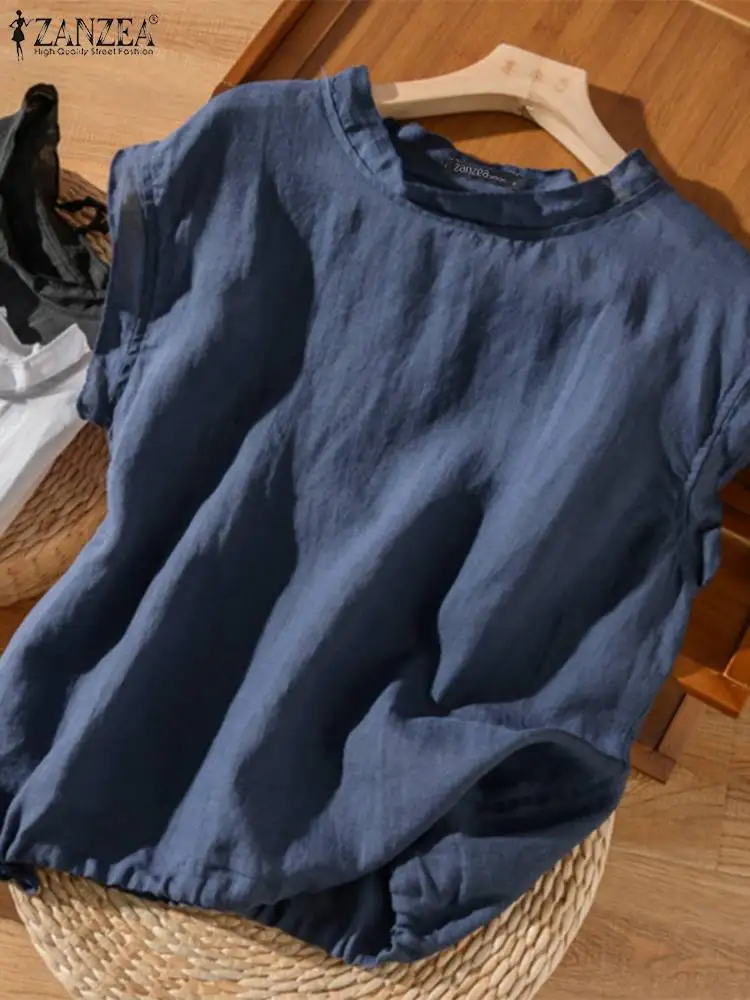 

Holiday Solid Cotton Blouse ZANZEA Women Sleeveless Tank Tops 2023 Summer Casual Loose Round Neck Tunic Oversize Drawstring Tops