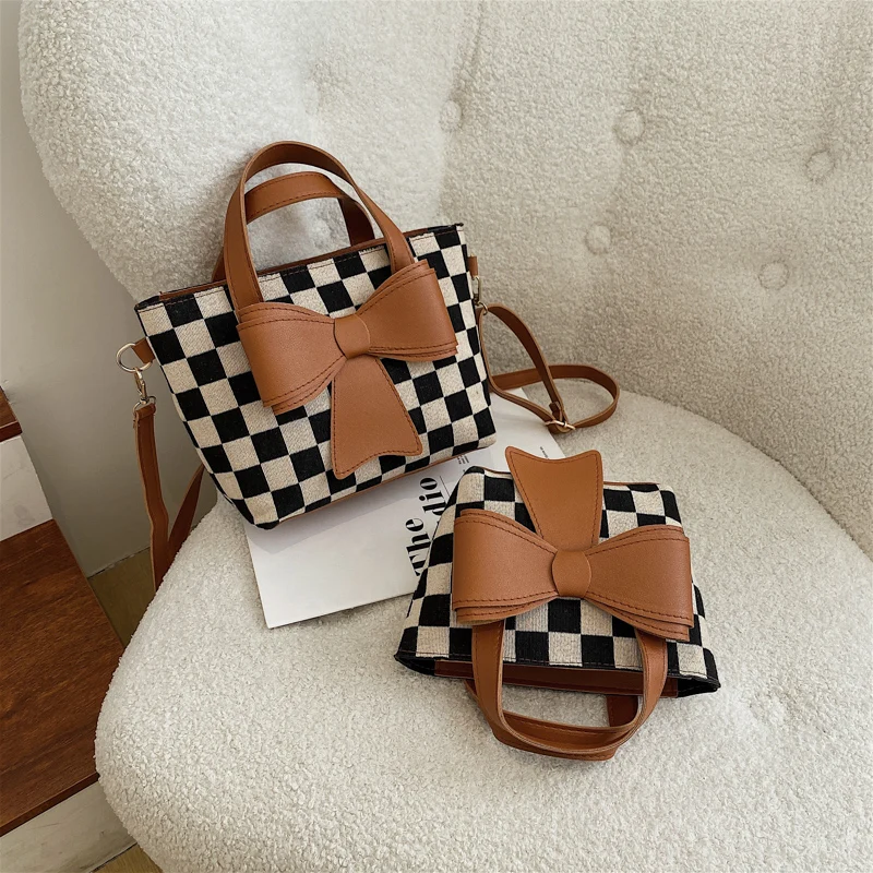 

2023Bow Women's Fabric Shoulder Bag Plaid Design Ladies Tote Fashion Casual Female Crossbody Bags Purses and Handbags Bucket Bag