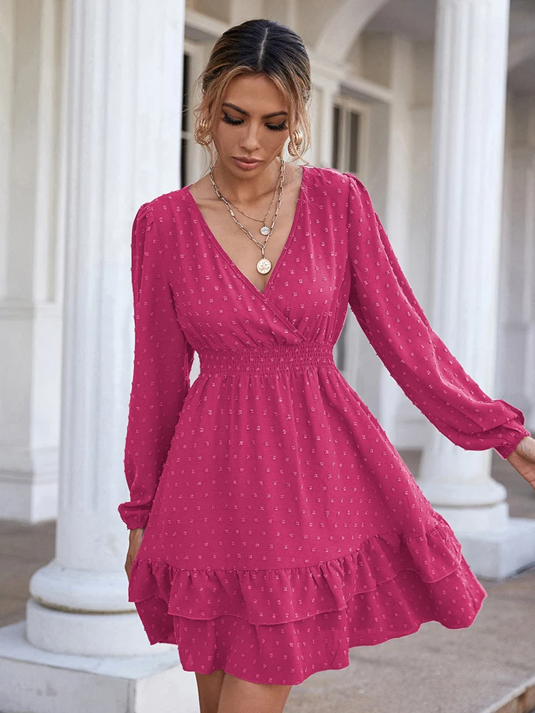 

Fashion V-Neck Long Sleeve Elegant Office Ladies Dress Spring Autumn Swing Dress Women Beach Casual Chiffon Mini Dress