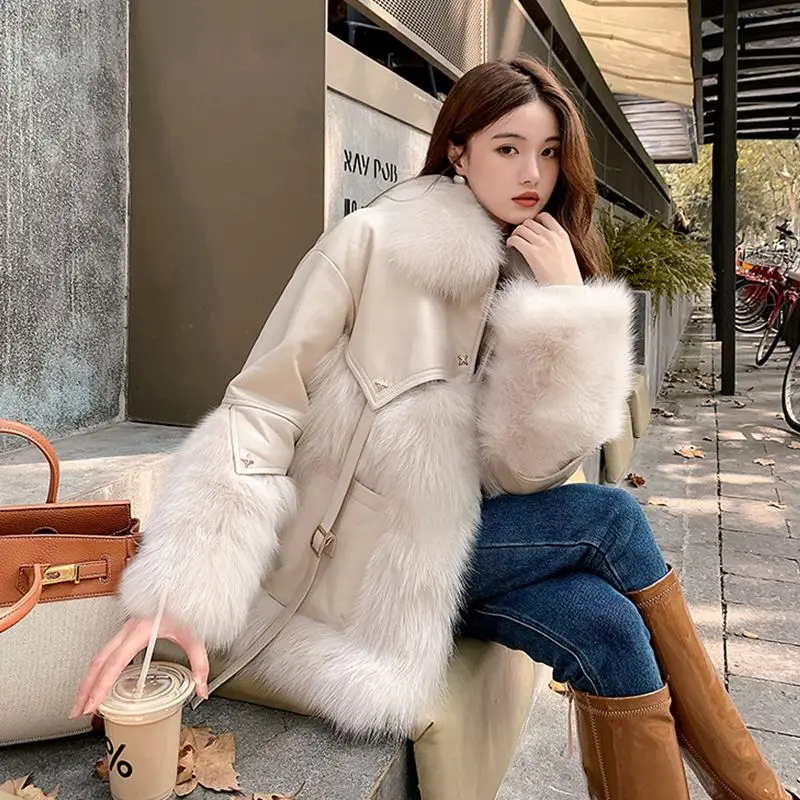 Women Winter Coat Faux Fur Coat Jacket Female Thickened Lapel Fashion Outerwear Coats Ladies Pu Leather Patchwork Coats G135