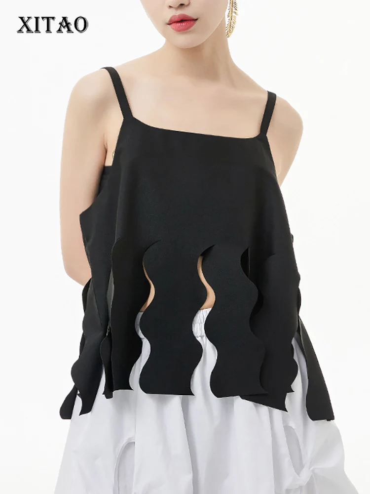 

XITAO Fashion Solid Color Tanks Wavy Line Fork Vest Small Suspenders 2022 Summer New Simplicity Temperament Women Top WMD6532