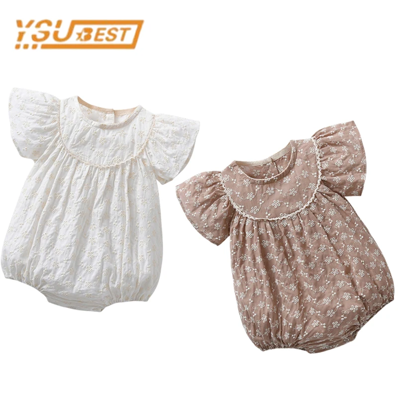 0-2Yrs Summer Infant Baby Girls Pure Color Lace Rompers Baby Girls Short Sleeve Clothes Rompers Baby Girl Rompers